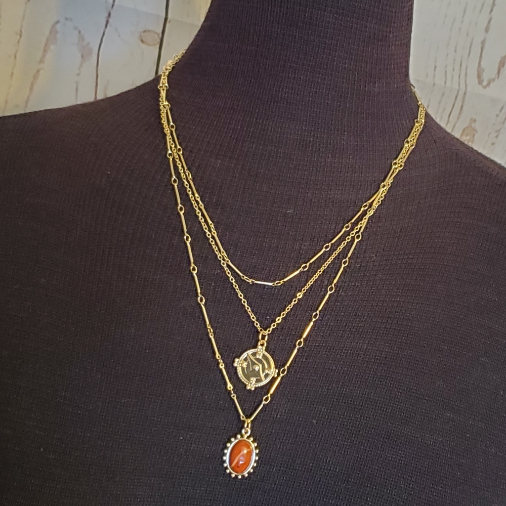 Time and Tru three necklaces layered necklace set goldtone, semi precious